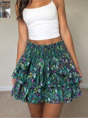 H&M Green Floral Tiered Mini Skirt